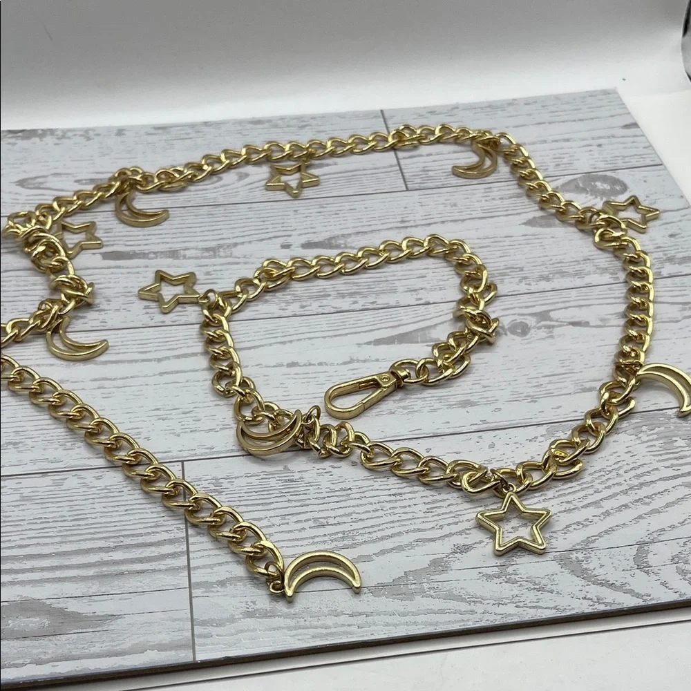 Gold Tone Chain Belt with Star and Moon Charms Celestial